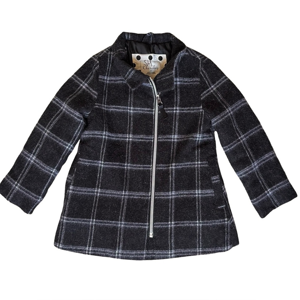 Cherokee Girls 4T Plaid Wool-Blend Moto Coat Dark Gray zip up winter coat